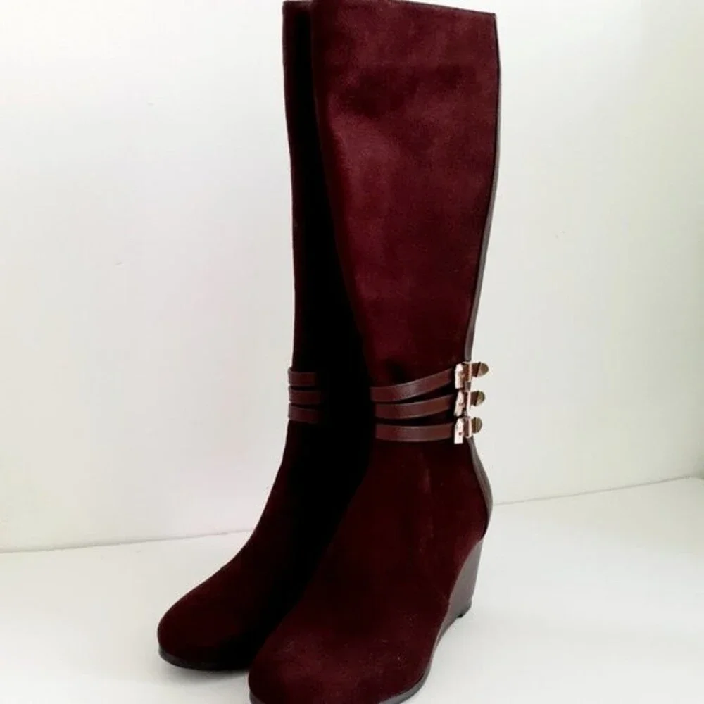 Vittorio D' Firenze Knee High Chestnut Faux Suede Leather FullZip Wedge Boots S6